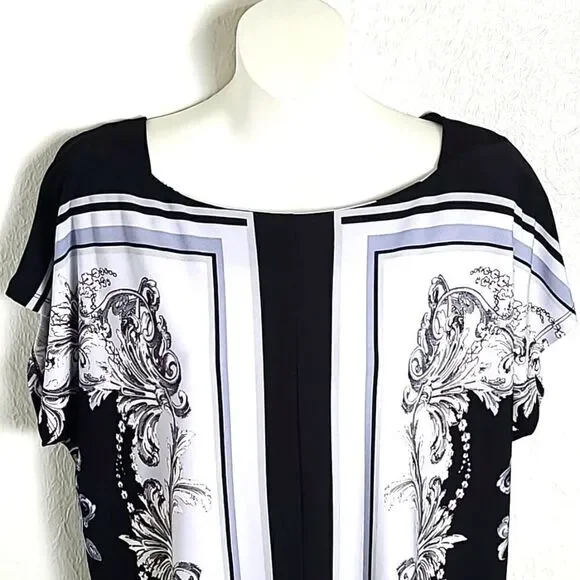 Jones New York Black, White & Gray Top w/Swirly Designs, Batwing Sleeve,Sz Large - Picture 3 of 8